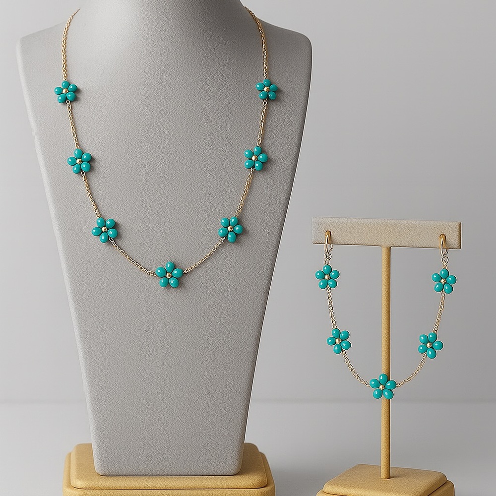 Stainless steel Gold and Turquoise Floral Necklace Set